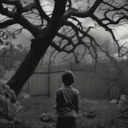 A boy, seen from behind, stands in his backyard garden on a cloudy day, looking shocked and afraid