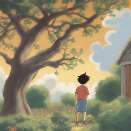 An animated image of a boy, seen from behind, standing in his backyard garden on a sunny, cloudy day