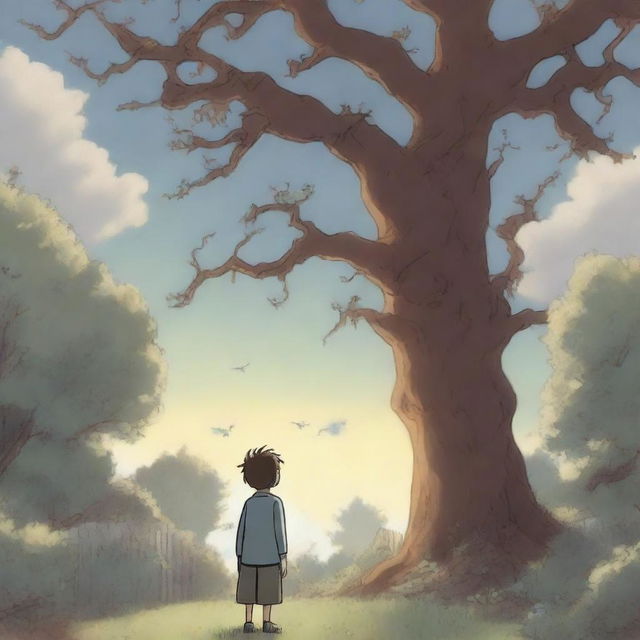 An animated image of a boy, seen from behind, standing in his backyard garden on a sunny, cloudy day