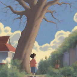 An animated image of a boy, seen from behind, standing in his backyard garden on a sunny, cloudy day