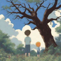 An animated image of a boy, seen from behind, standing in his backyard garden on a sunny, cloudy day