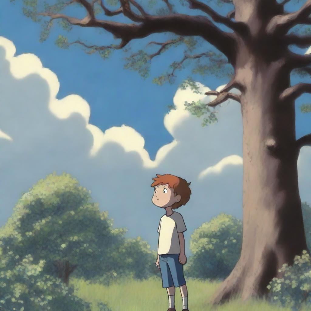 An animated image of a boy, seen from the side and slightly behind, standing in his backyard garden on a sunny, cloudy day