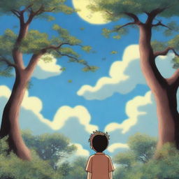 An animated image of a boy, seen from the side and slightly behind, standing in his backyard garden on a sunny, cloudy day