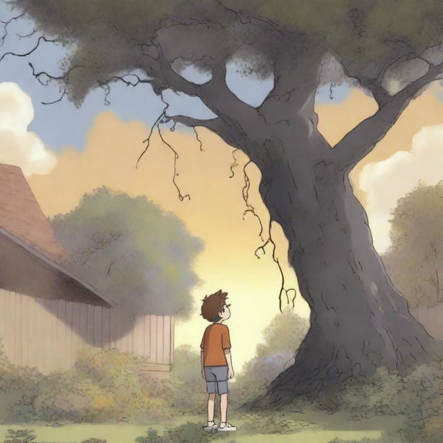 An animated image of a boy, seen from the side and slightly behind, standing in his backyard garden on a sunny, cloudy day