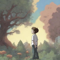 An animated image of a boy, seen from the side and slightly behind, standing in his backyard garden on a sunny, cloudy day