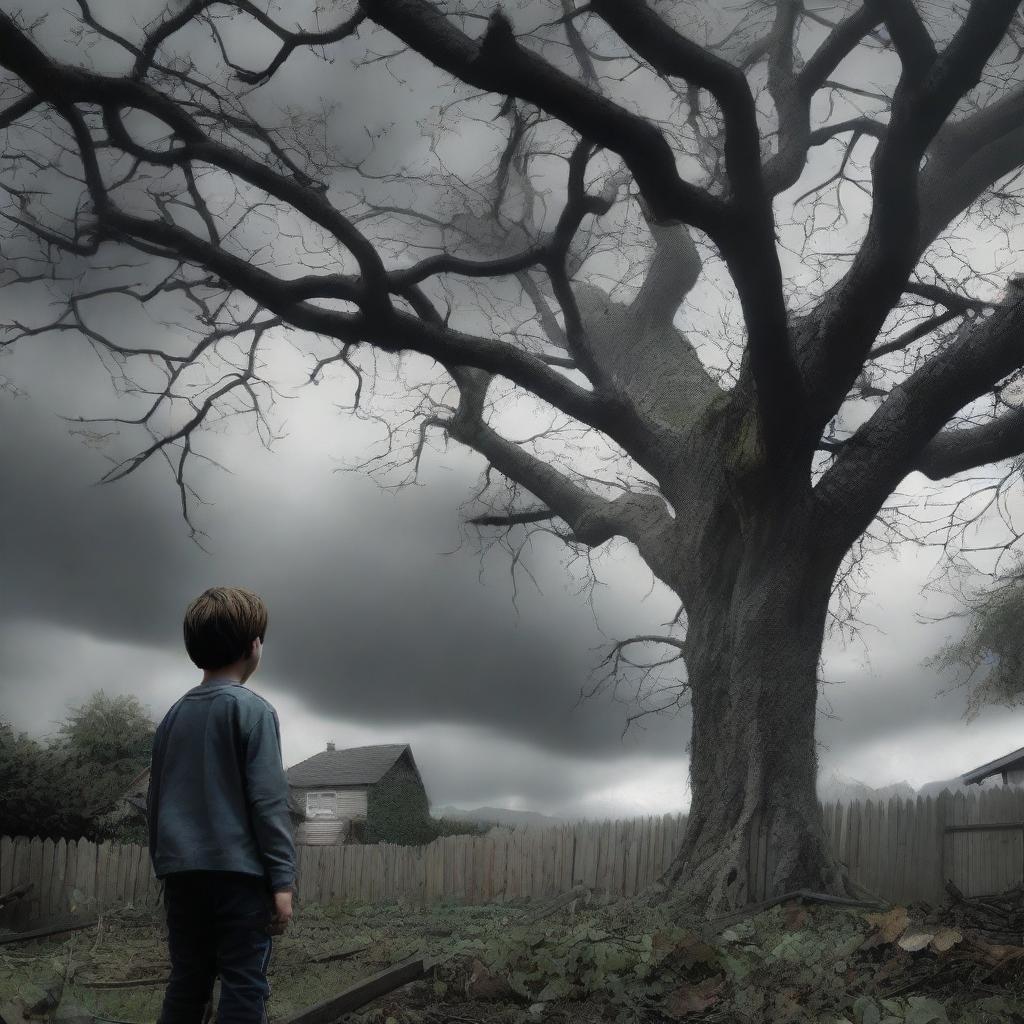 A boy, whose back is visible, stands shocked and afraid as he sees human flesh-eating trees in his backyard garden