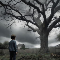 A boy, whose back is visible, stands shocked and afraid as he sees human flesh-eating trees in his backyard garden