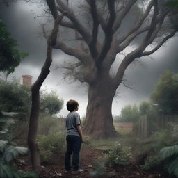 A boy, whose back is visible, stands shocked and afraid as he sees human flesh-eating trees in his backyard garden