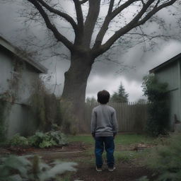 A boy, whose back is visible, stands shocked and afraid as he sees human flesh-eating trees in his backyard garden