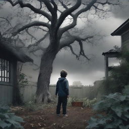 A boy, whose back is visible, stands shocked and afraid as he sees human flesh-eating trees in his backyard garden