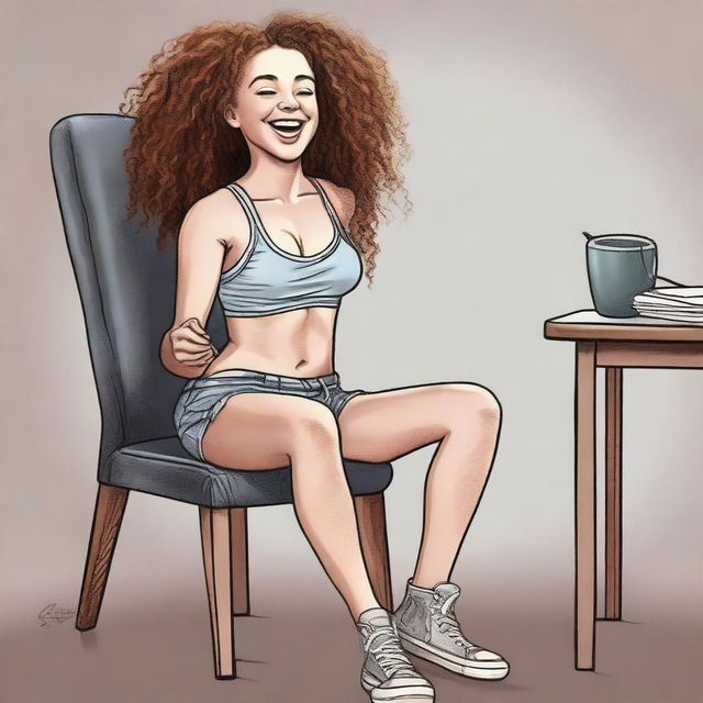 A detailed and realistic illustration of Sofie Dossi with her wrists and ankles tied to a chair