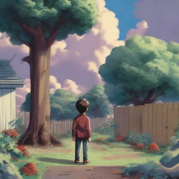 A boy, seen from the back and at a side angle, stands shocked and afraid as he sees human flesh-eating trees in his backyard garden