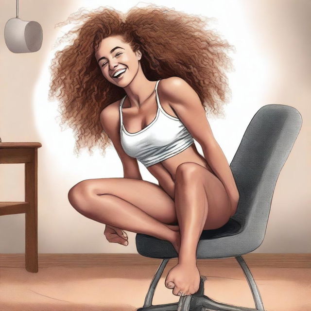 A realistic and detailed illustration of Sofie Dossi with her wrists and ankles gently tied to a chair