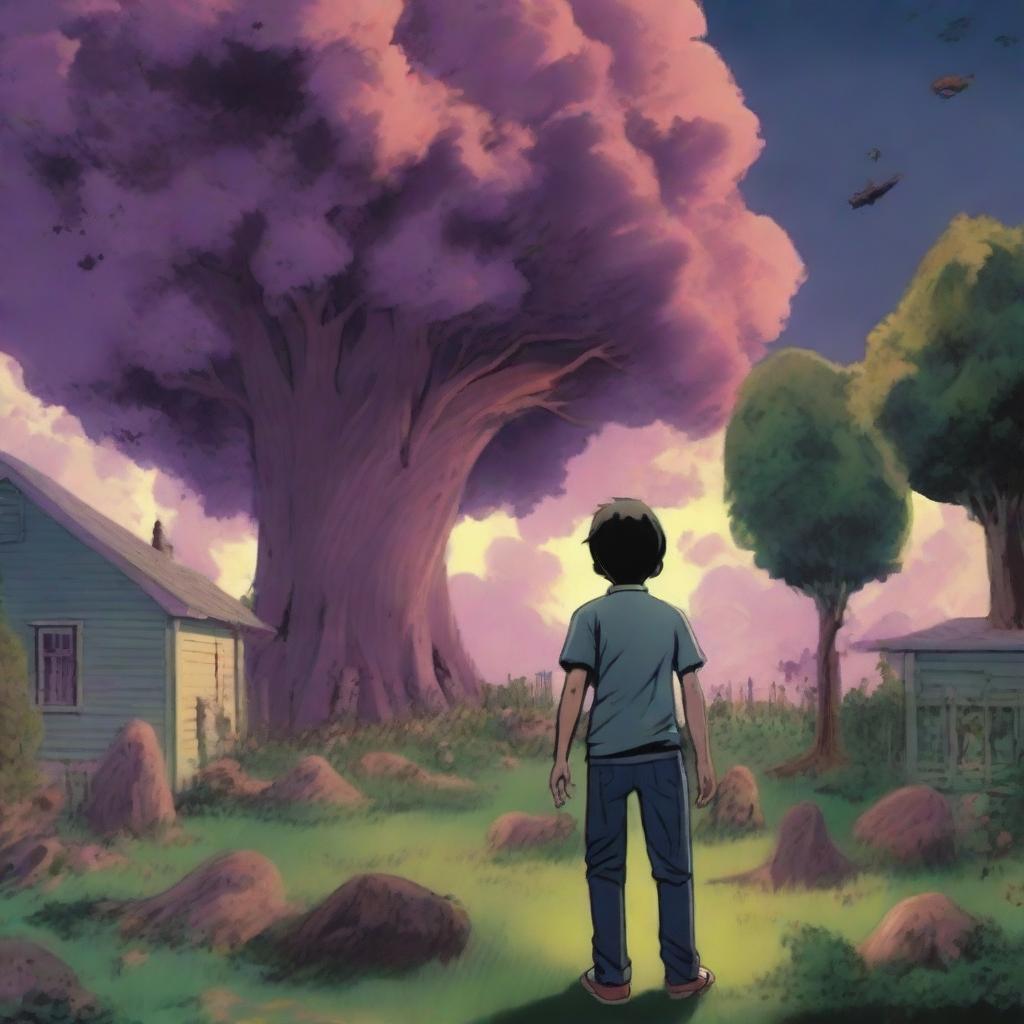 A boy, seen from the back and at a side angle, stands shocked and afraid as he sees multiple human flesh-eating trees in his backyard garden