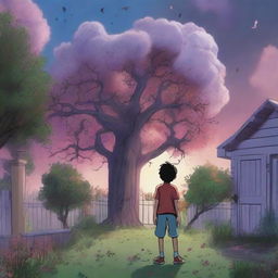 A boy, seen from the back and at a side angle, stands shocked and afraid as he sees multiple human flesh-eating trees in his backyard garden