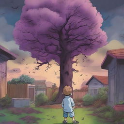 A boy, seen from the back and at a side angle, stands shocked and afraid as he sees multiple human flesh-eating trees in his backyard garden