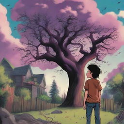 A boy, seen from the back and at a side angle, stands shocked and afraid as he sees multiple human flesh-eating trees in his backyard garden