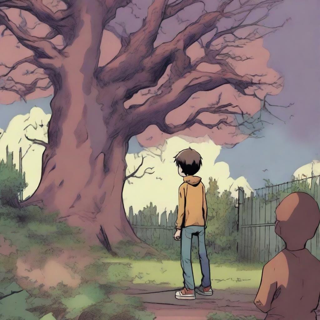 A boy, seen from the back and at a side angle, stands shocked and afraid as he sees multiple huge, scary human flesh-eating trees in his backyard garden