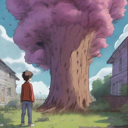 A boy, seen from the back and at a side angle, stands shocked and afraid as he sees multiple huge, scary human flesh-eating trees in his backyard garden