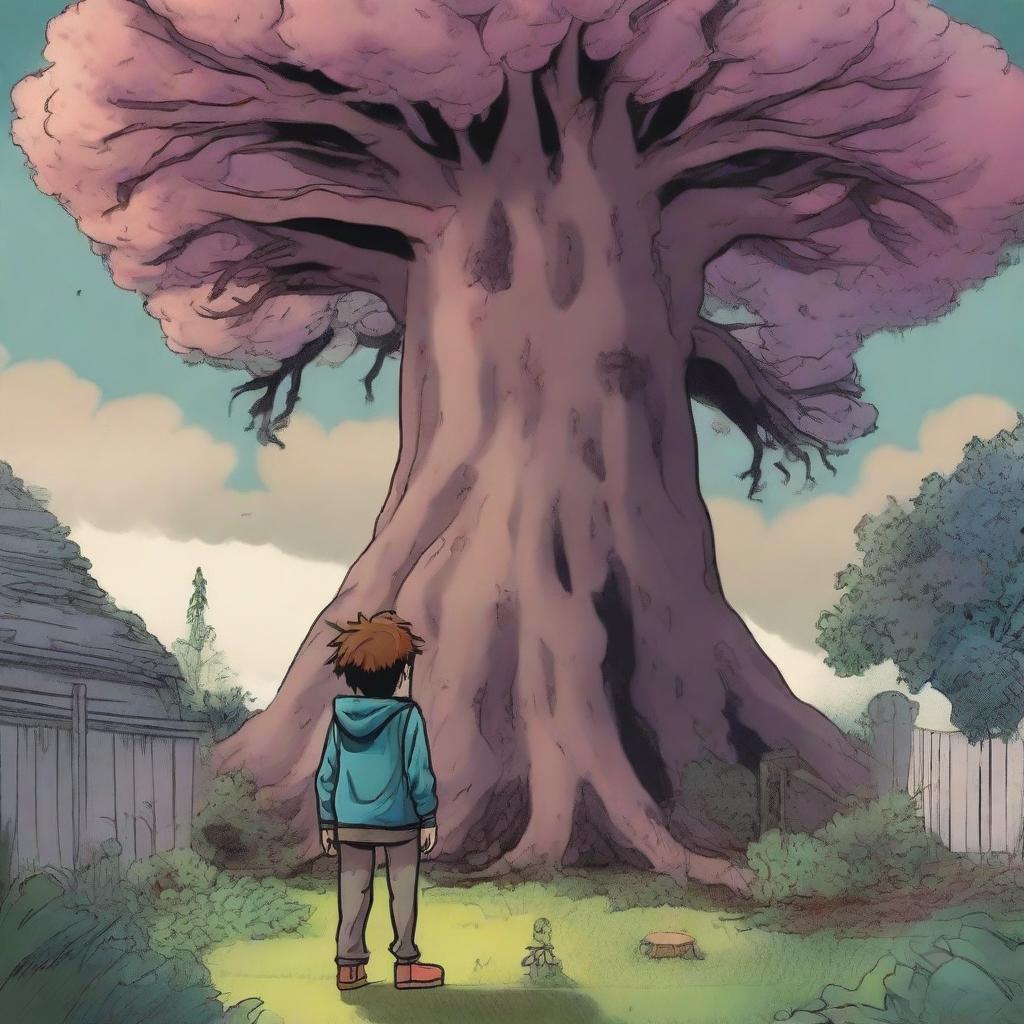 A boy, seen from the back and at a side angle, stands shocked and afraid as he sees multiple huge, scary human flesh-eating trees in his backyard garden