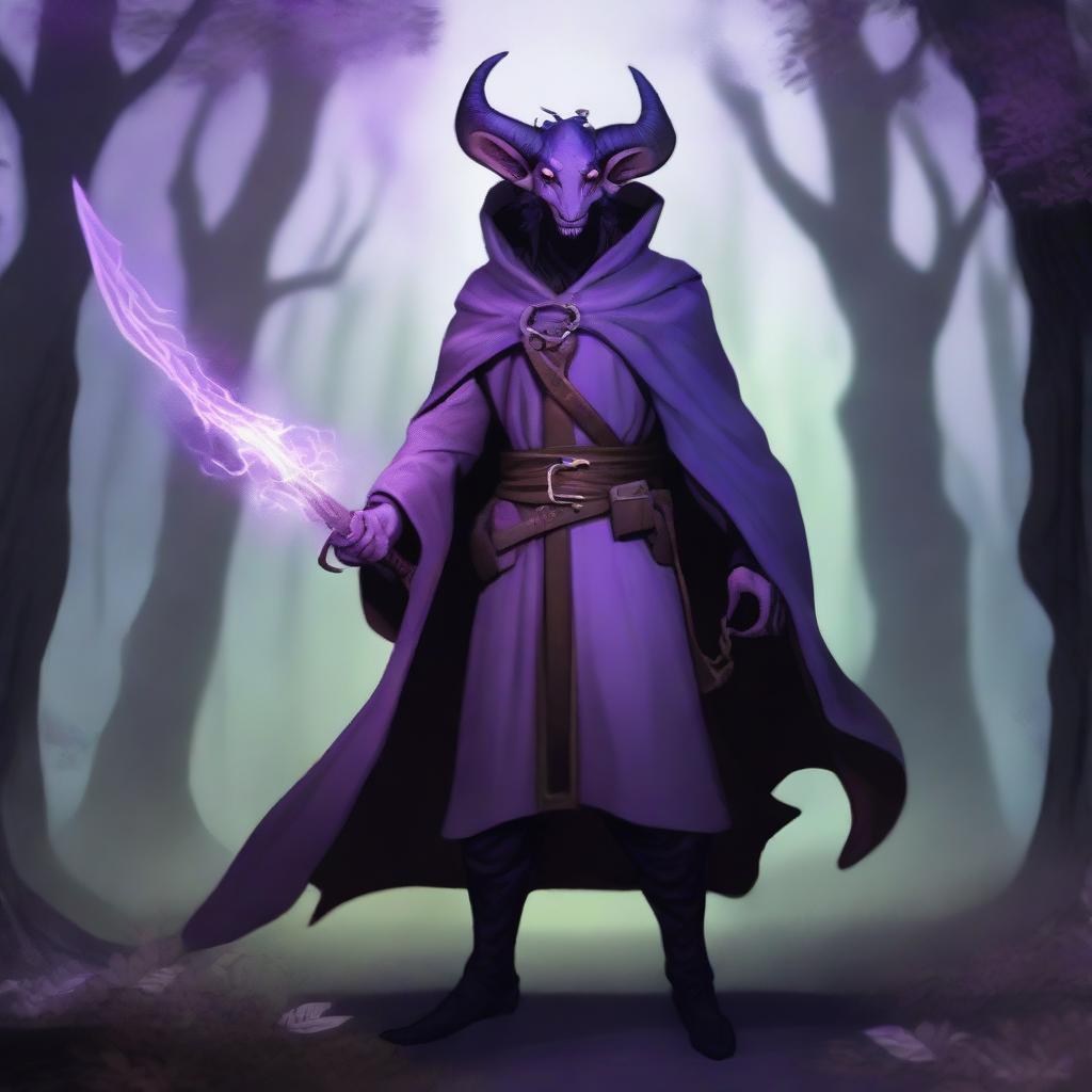 A Tiefling sorcerer with slightly purple hued skin, very small horns, and a very thin tail