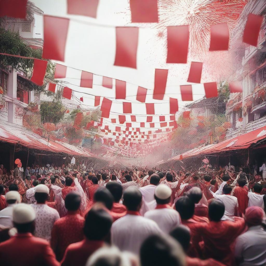 A vibrant and festive scene celebrating Indonesian Independence Day, featuring people waving flags, traditional dances, and fireworks in the background