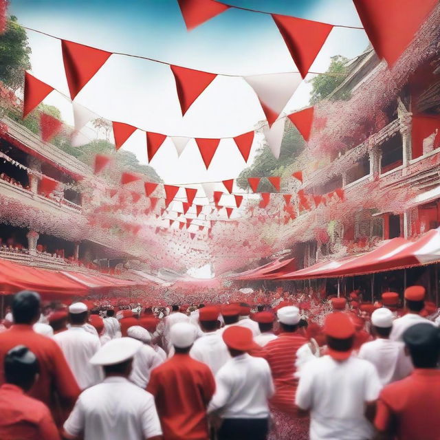 A vibrant and festive scene celebrating Indonesian Independence Day, featuring people waving flags, traditional dances, and fireworks in the background