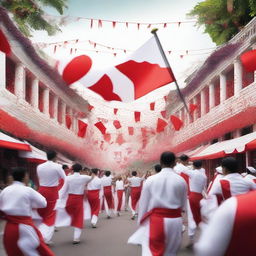 A vibrant and festive scene celebrating Indonesian Independence Day, featuring people waving flags, traditional dances, and fireworks in the background