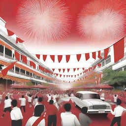 A vibrant and festive scene celebrating Indonesian Independence Day, featuring people waving flags, traditional dances, and fireworks in the background