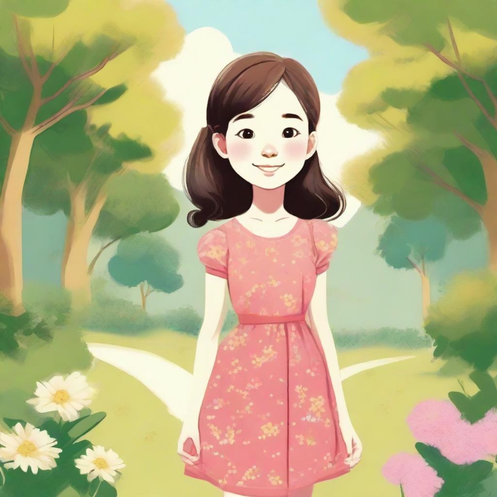 A detailed illustration of a young girl with a cheerful expression, wearing a bright dress, standing in a sunny park with flowers and trees in the background