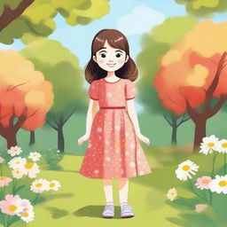 A detailed illustration of a young girl with a cheerful expression, wearing a bright dress, standing in a sunny park with flowers and trees in the background