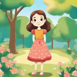 A detailed illustration of a young girl with a cheerful expression, wearing a bright dress, standing in a sunny park with flowers and trees in the background