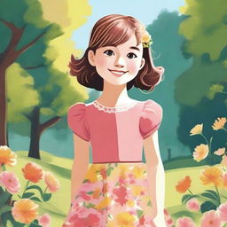 A detailed illustration of a young girl with a cheerful expression, wearing a bright dress, standing in a sunny park with flowers and trees in the background