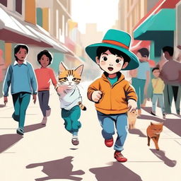 A tiny boy with a huge hat running through a crowded street with a stray cat chasing after him