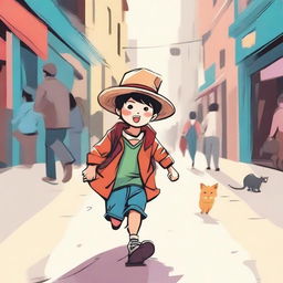 A tiny boy with a huge hat running through a crowded street with a stray cat chasing after him