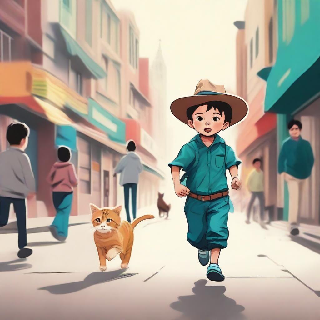 A tiny boy with a huge hat running through a crowded street with a stray cat chasing after him