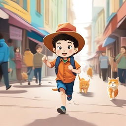 A tiny boy with a huge hat running through a crowded street with a stray cat chasing after him