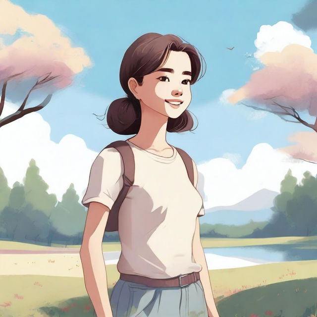 A detailed illustration of a young girl standing in a serene environment