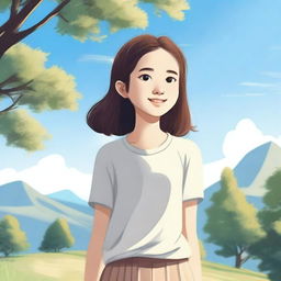 A detailed illustration of a young girl standing in a serene environment