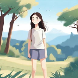 A detailed illustration of a young girl standing in a serene environment