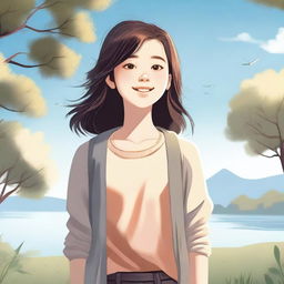 A detailed illustration of a young girl standing in a serene environment