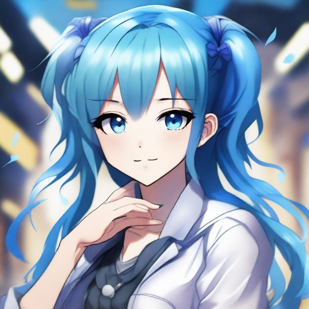 Create a digital art piece featuring a blue-haired anime girl