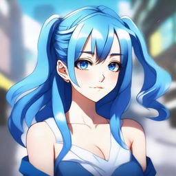 Create a digital art piece featuring a blue-haired anime girl