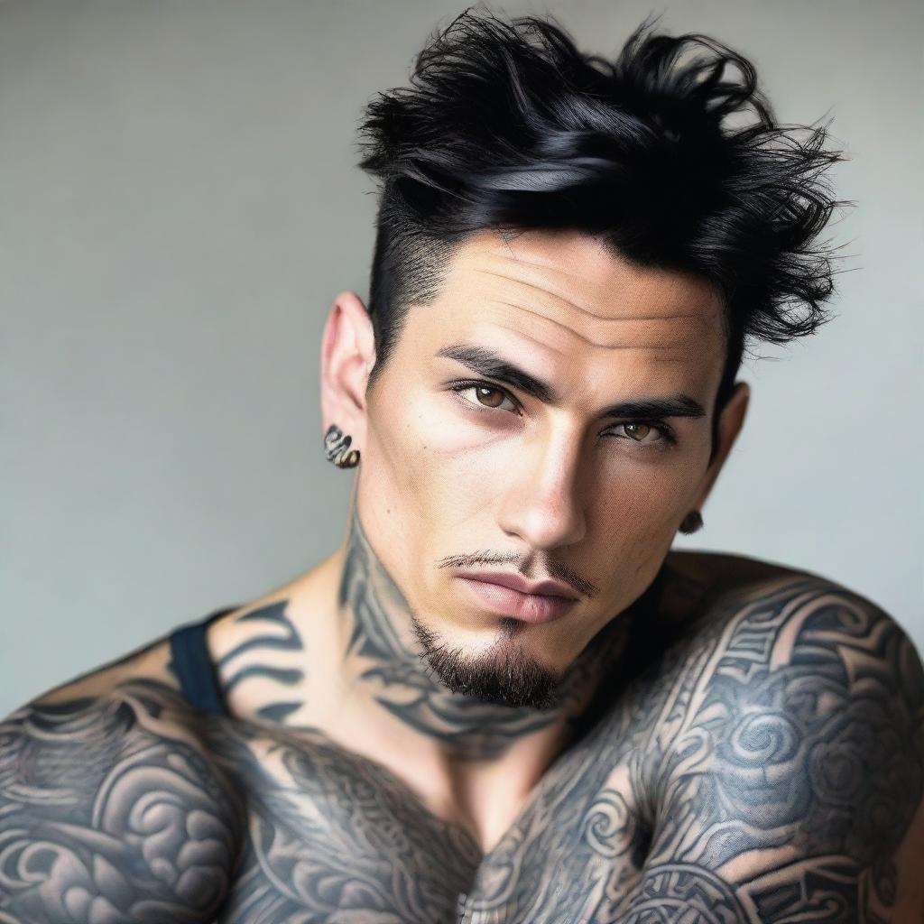 A handsome man with black hair and hazel eyes, showcasing his various tattoos