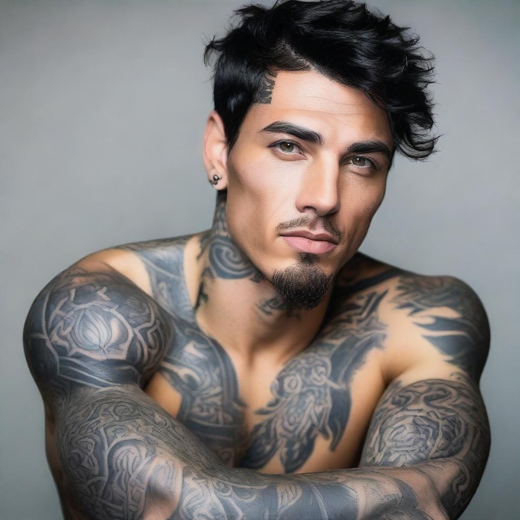 A handsome man with black hair and hazel eyes, showcasing his various tattoos