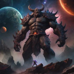 A colossal warrior named Rufganor, infamous as a devourer of worlds, standing amidst a cosmic landscape with planets crumbling in his mighty grip.