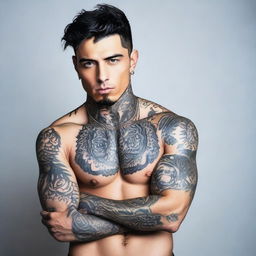 A handsome man with black hair and hazel eyes, showcasing his various tattoos