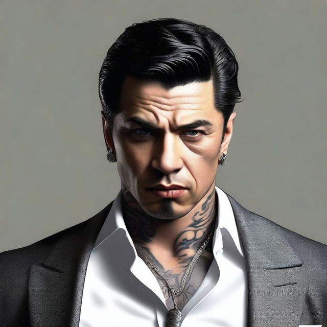 A mafia man with black hair, bright eyes, and small tattoos