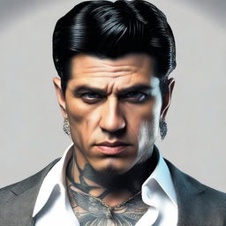 A mafia man with black hair, bright eyes, and small tattoos