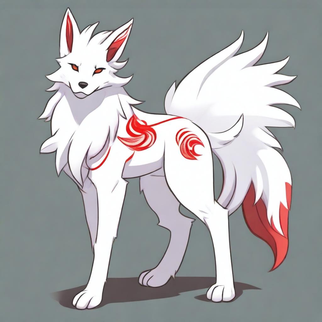 A detailed full-body drawing of a male white Ninetails furry character with red accents